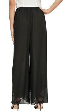 Elegant Evening Separates Soft chiffon has a flirty flair in this tulip hem pant! Pair this with any of our blouses for an effortless look! *This pant is pull on. Elegant Black Sheer Bottoms, Chic Black Sheer Pants, Chic Black Viscose Wide Leg Pants, Sheer Wide Leg Evening Bottoms, Sheer Wide Leg Bottoms For Evening, Elegant Black Wide Leg Viscose Pants, Chic Black Viscose Pants, Elegant Black Viscose Wide Leg Pants, Black Sheer Pants For Spring