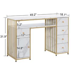 a white desk with gold trimmings and drawers is shown in front of the measurements