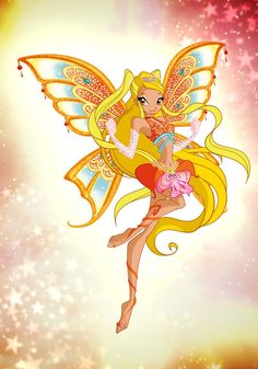 a cartoon character is flying through the air with her wings spread out and stars in the background