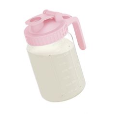 a baby bottle with a pink lid on a white background