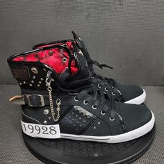 Check out Pastry Rocker Pinwheel Shoes Womens Sz 8 Black Red Zip Punk Sneakers Trainers, the latest item I added on eBay! #eBay #eBaySeller Grunge Lace-up Sneakers For Streetwear, Casual Lace-up Sneakers With Rivets, Punk Style Leather High-top Sneakers, Edgy Studded Lace-up Sneakers, Edgy Lace-up Sneakers With Studded Rubber Outsoles, Punk Low-top Sneakers With Rubber Sole, Punk Streetwear Sneakers With Studded Outsoles, Alternative Black Sneakers For Streetwear, Black Custom Sneakers With Red Sole For Skateboarding