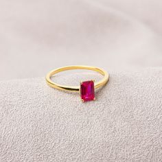 Ruby has been the best harbinger of love since time immemorial. Ruby red means fire, passion and desire itself. Ruby was the favorite jewel of kings, maharajas and sultans, as red was also representative of courage and victory. Our 14k solid gold and rectangular cut ruby ring is suitable for daily use with its special design and will be your indispensable jewel that you can use on your special days. A stylish jewel for you and your loved ones. Time to pamper yourself and your loved ones... Ruby Ruby Ring With Prong Setting As Gift, Pink Lab-created Ruby Ring For Gift, Pink Lab-created Ruby Ring Gift, Ruby Solitaire Ring As A Gift, Fine Jewelry Ruby Crystal Ring Gift, Ruby Solitaire Open Ring Gift, Red Crystal Birthstone Ring As Gift, Red Stackable Birthstone Ring As Gift, Red Birthstone Crystal Ring For Gift