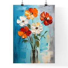 a painting of red and white flowers in a vase on a blue background with hanging hooks