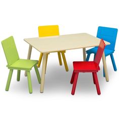 three children's wooden chairs and a table with different colors on the top one