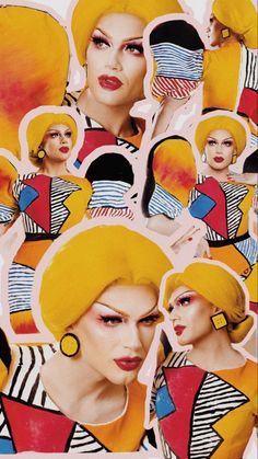 a woman with yellow hair and big earrings is surrounded by cutouts of other women's faces