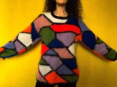 Hand knitted Sweater -  Jacket - Hand knitted production from the best quality wool ! Multicolor Acrylic Color Block Sweater, Multicolor Winter Sweater With Color Matching, Multicolor Mohair Sweater With Crew Neck, Multicolor Mohair Crew Neck Sweater, Multicolor Crew Neck Sweater With Color Matching, Retro Multicolor Acrylic Sweater, Multicolor Long Sleeve Mohair Sweater, Multicolor Mohair Sweater For Winter, Hand Knitted Multicolor Acrylic Sweater