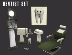 the dentist's office set includes dental equipment, including a chair, mirror and toothbrush