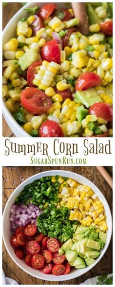 two pictures with different types of salads in them and the title text overlay reads summer corn salad