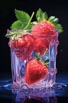 three strawberries in a glass with water splashing on the bottom and green leaves