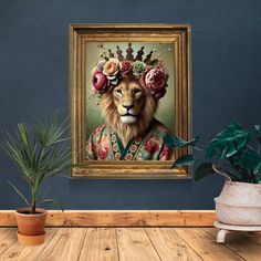 a painting of a lion with flowers in it's hair is hanging on the wall