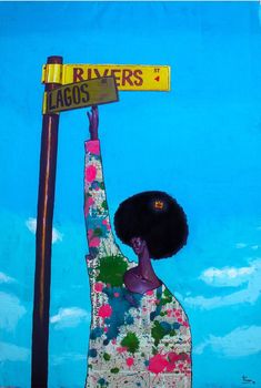 a painting of a woman holding up a street sign that says river's lagos