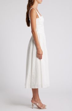 Eyelet and ribbon lacing adds an edgy touch to a vintage-inspired sundress boasting a bustier-style bodice and flared midi skirt. Exclusive retailer Square neck Side patch pockets Lined 77% viscose, 21% polyester, 2% elastane Dry clean Imported Flared Midi Skirt, Midi Flare Skirt, Midi Sundress, House Of Cb, Fabric Gift Bags, Fabric Gifts, Nordstrom Store, Free Fabric, Anniversary Sale