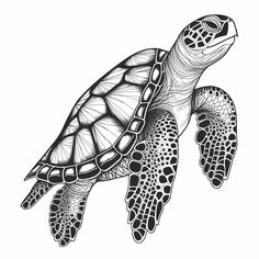 a black and white drawing of a sea turtle with intricate patterns on its shell, swimming in the ocean