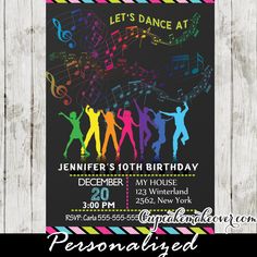 this is an image of a birthday party with music notes and dancing people on it