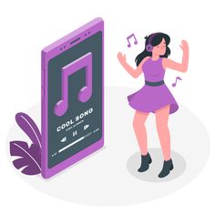 a woman in purple dress standing next to an mp3 player with music notes on it