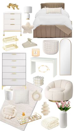 a collage of white and gold bedroom furniture, including a bed, dresser, chair, mirror, lamp, rug, vase with flowers