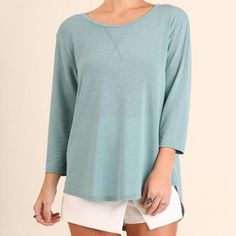 This Sweet Little Top Is The Perfect Casual And Oh-So-Soft Tee For Fall. This Seafoam Color Pops And Has A Cozy Relaxed Fit Featuring 3/4 Sleeves. Material: 65% Cotton, 35% Polyester Seafoam Color, Dress Codes, White Silver, Workout Tops, Color Pop, Long Sleeve Tees, Tunic Tops, Womens Sizes, Relaxed Fit