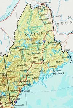 a map of maine with the capital and major cities on it's borders,