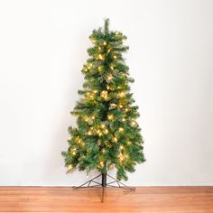 a small christmas tree with white lights on it in front of a wall and wooden floor