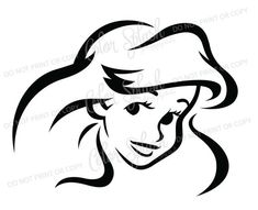 a black and white drawing of a woman's face with long hair, wearing a hat