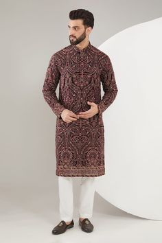 Multicolor kurta with Kashmiri thread, sequin embroidery in paisley, floral pattern. - Aza Fashions Kurta Set For Men, Sara Ali Khan, Sequin Embroidery, Luxury Sale, Paisley Floral, Sequins Embroidery, Fashion App, Kurta Set, Pants Pattern