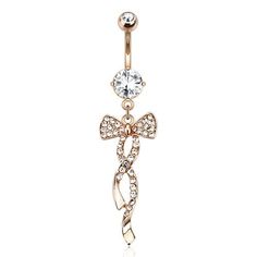 Swirling Ribbon with Paved Gems Rose Gold Plated Belly Ring is girly, sweet, festive, sexy and simply beautiful all wrapped up in one! The swirling ribbons dangle perfectly at 1 1/2" and they charm is 1/2" at the widest point. Rose gold color is one of our favorites and compliments anything! This one is delicate yet noticeable. 14G, 3/8" barbell, 316L Surgical Steel. Cute Belly Rings, Piercing Labret, Belly Button Piercing Jewelry, Silver Nose Ring, Dangle Belly Rings, Belly Bars, Piercing Shop, Navel Ring, Belly Button Piercing