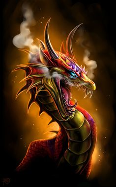 a colorful dragon with its mouth open and it's tongue out, on a black background