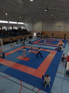 people are practicing martial moves in an indoor gym with blue and red mats on the floor