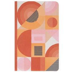 an orange and pink abstract painting on a white background with lines, circles and rectangles