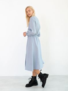 "DIA is a long sleeve midi linen dress with coconut buttons. DETAILS - Coconut buttons - Long sleeves - Midi length - 100% lightweight European linen fabric - Cut and sewn to order just for you in our studio COLOR - Bluestone, you can also choose other colors above - Fabric samples are available here https://www.etsy.com/listing/586569696/linen-fabric-samples SIZING & FIT - True to size - Length is approximately 44 inches / 113 cm - Bust (pit to pit) is approximately 16.5 inches / 42 cm - Wa Casual Linen Midi Dress For Brunch, Spring Workwear Linen Dress With Buttons, Casual Linen Dress With Button Cuffs For Spring, Spring Linen Button-up Dress For Day Out, Spring Button-up Linen Dress For Day Out, Spring Linen Dress With Button Closure, Spring Daywear Linen Dress With Button Closure, Linen Shirt Dress For Day Out In Fall, Fall Linen Shirt Dress For Day Out