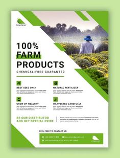 a green and white flyer for farm products