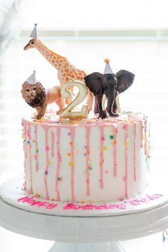 an image of a birthday cake with animals on top and candles in the shape of numbers