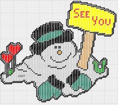 a cross stitch pattern with a snowman holding a sign that says see you