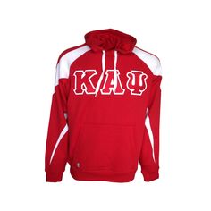 "Letter hooded sweatshirt. Sweatshirt color is red and white. 2 color 4\" twill letters are across the front chest. The letters are a faux stitch meaning they have a sewn on look but no sewing is performed on the lettering. The letters are heat sealed on and will not come off." Alpha Gamma Rho, Black Fraternities, Beta Theta Pi, Kappa Alpha Psi, Alpha Delta, Kappa Delta, Greek Clothing, Embroidered Hoodie, Red Hoodie