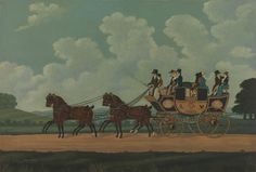 a painting of people riding in a horse drawn carriage with two men on the back