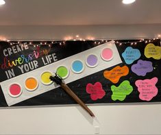 a bulletin board with paint and some writing on it that says creatively live in your life