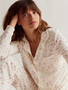 The softest women's shirt and wide leg PJ set in a pretty rose print. This long sleeved set has a blouse with snap closures and a comfortable baggy trouser pant with elastic waist and no side seam for maximum comfort. If you are in between sizes we recommend sizing up, they are designed to feel like sleeping your favorite oversized t-shirt (plus there is some shrinkage after wash). 100% organic cotton, a very soft interlock fabric for maximum night-time comfort. Match with your minis in the Baby Clean Closet, Classic Pajamas, Cotton Sleepwear, Baggy Trousers, Pretty Roses, Vintage Rose, Vintage Roses, Pj Sets, Rose Print