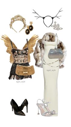 a woman's outfit and accessories are arranged in the shape of an angel wings