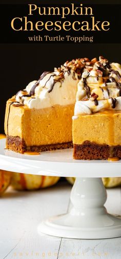 pumpkin cheesecake with turtle topping on a white cake plate