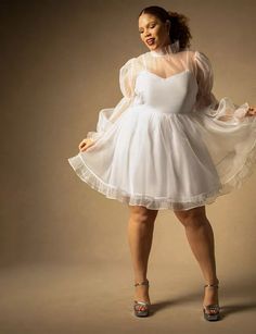 Bridal by ELOQUII Organza Ruffle Mini Dress | Women's Plus Size Dresses | ELOQUII Dramatic Sleeves Dress, Best Graduation Dresses, Tiered Sleeve, Plus Size Mini Dresses, Bodice Dress, Casual Wedding Dress, Square Neck Dress, Ruffle Mini Dress, Wedding Dresses Plus Size