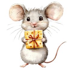 a watercolor painting of a mouse holding a piece of cheese with a bow on it