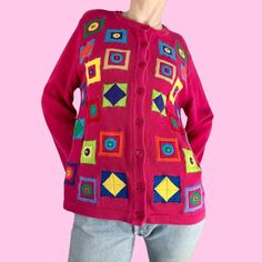 Vintage 90s Pink Multicolor Geometric Novelty Cardigan  Button closure, great condition with light wear Brand - Bechamel  Tag size - Small Seen on size Small Measurements (laying flat) Chest - 20 in Length - 25 in  Sleeve - 23.5 in #geometriccardigan #90scardigan #noveltycardigan #rainbowcardigan #cutecardigan Vintage Multicolor Cardigan With Buttons, Multicolor Retro Cardigan With Buttons, Retro Multicolor Buttoned Cardigan, Retro Multicolor Cardigan With Buttons, Vintage Pink Cardigan With Buttons, Geometric Cardigan, Rainbow Cardigan, Novelty Sweater, Cute Cardigans