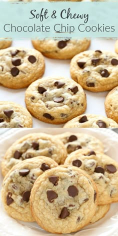 soft and chewy chocolate chip cookies on a white plate with the title above it