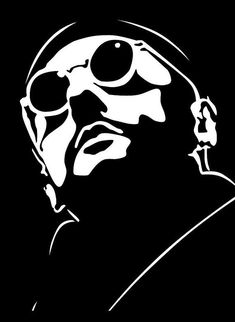 a black and white drawing of a man with sunglasses on his face, looking to the side