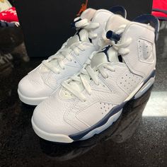 Sz Various Retro 6s White & Blue Classic Blue Basketball Shoes With Round Toe, Classic White Jordan Shoes With Round Toe, Kids Jordans, Jordan Shoes, Cute Shoes, White Blue, Kids Shop, Jordan, Blue White