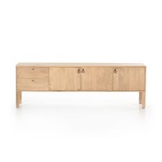 the sideboard is made from wood and has three drawers on one end, with two doors