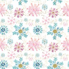 a white background with blue, pink and gold snowflakes