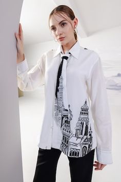 White button down shirt with a thread embroidered architectural motif on one side. - Aza Fashions Embroidered Spread Collar Top For Work, Designer Embroidered Shirt For Work, Fitted Embroidered Shirt For Work, Formal Embroidered Button-up Shirt, Designer Embroidered Workwear Shirt, Embroidered White Collared Shirt, Embroidered Cotton Button-up Outerwear, Linen Embroidered Button-up Top, Embroidered Button-up Daywear Top