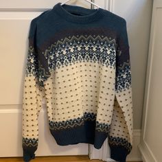 Abraham And Straus Does Not Say Size But It’s An Xs Multi Color Casual Blue Sweater With Fair Isle Pattern, Casual Blue Fair Isle Sweater, Blue Crew Neck Top For Cold Weather, Blue Cotton Sweater For Cold Weather, Nordic Blue Crew Neck Sweater, Blue Nordic Crew Neck Sweater, Ugly Sweater, Being Ugly, Sweater Cardigan