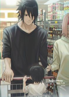 two people standing in front of a grocery store with one holding the hand of another person